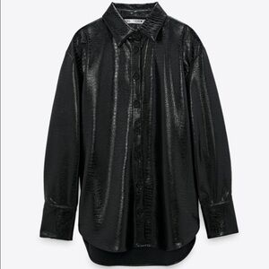 ZARA Faux Leather Crocodile Embossed Overshirt, Size Small, Black